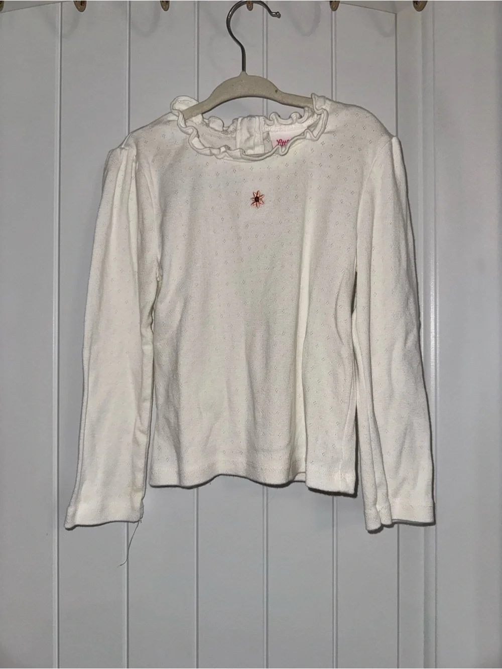 Little Lass Cream Ruffle-Neck Long Sleeve Top with Star Embroidery